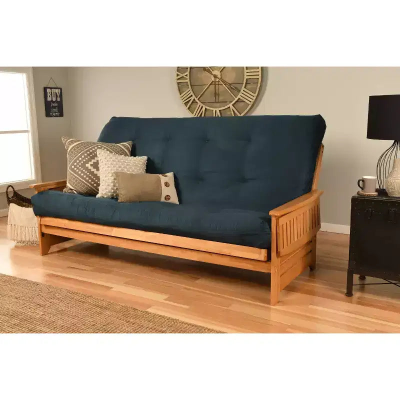 Sofá Cama Futón Queen con Colchón de Resortes, Gamuza Azul Marino/Turba, Asientos 3