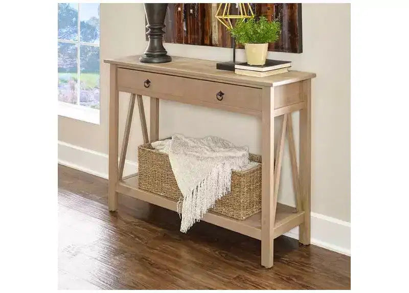 Mesa consola de 2 cajones Gray Wash, pino, montaje para 1 persona